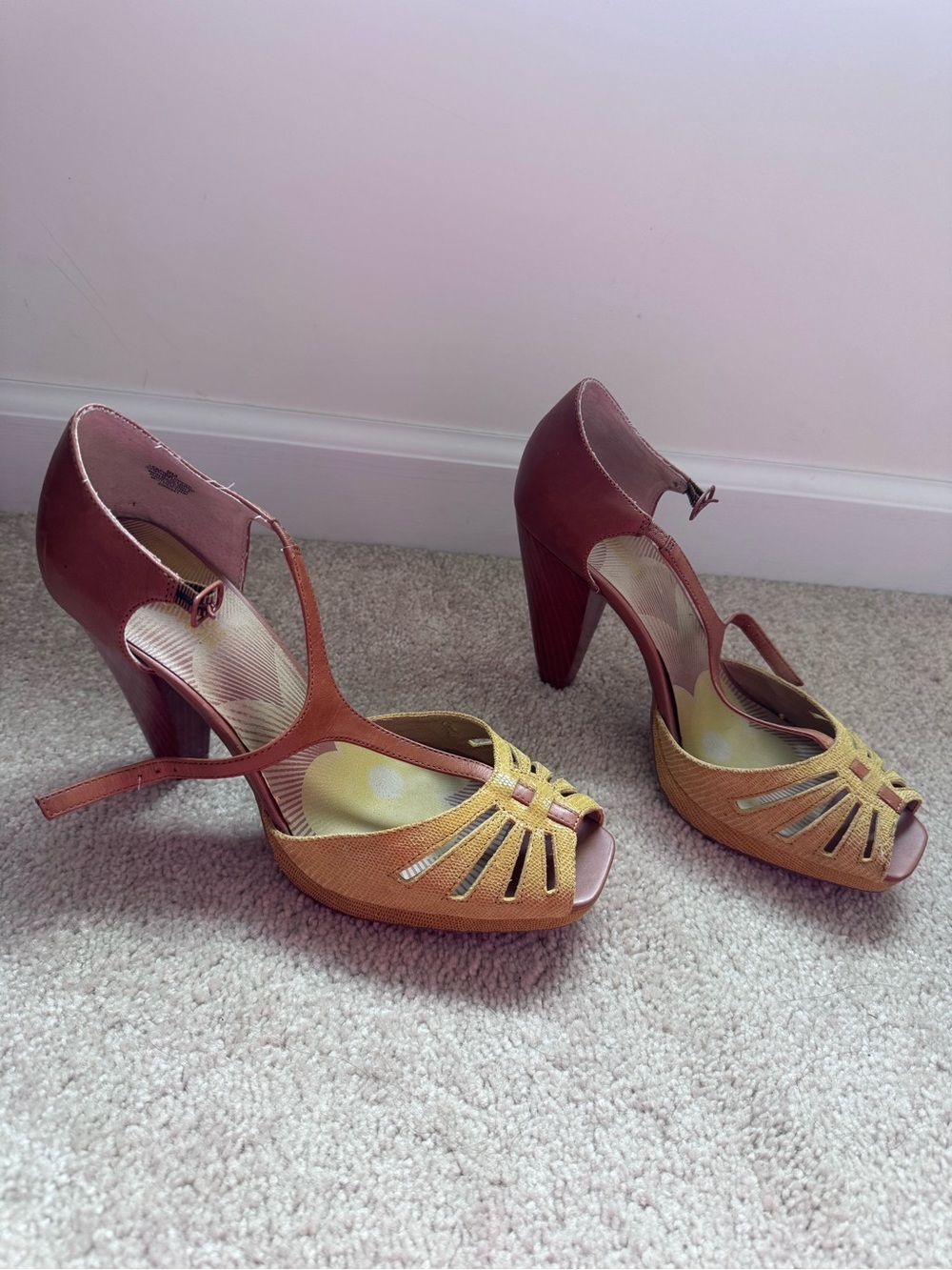 Kenneth Cole Reaction Brown and Mustard T-Strap Peep-Toe Heels